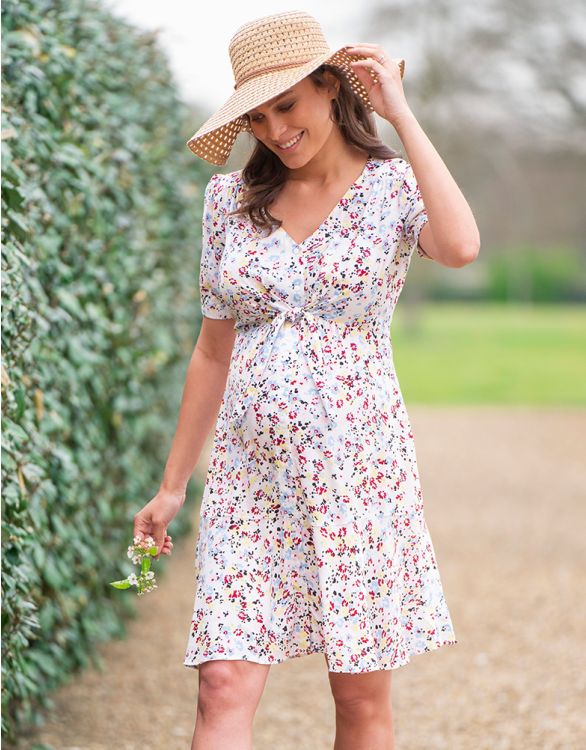 White Floral Front Tie Maternity Dress