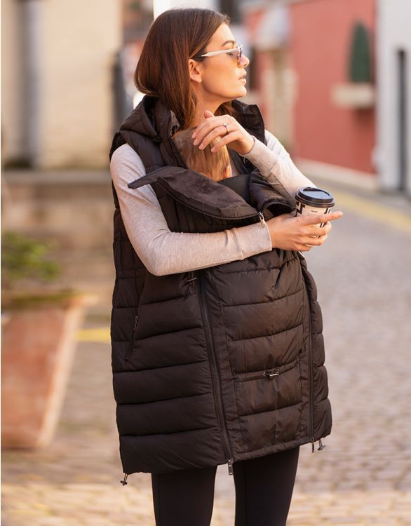 Seraphine, Black Longline Padded 3 In 1 Maternity to Babywearing Gilet with  Hood - Steveston Village Maternity