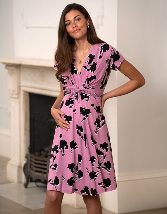 Pink & Black Floral Knot Front Maternity Dress