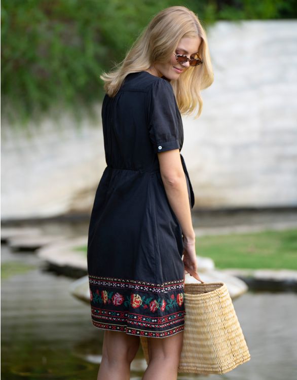 Black Tie Front Embroidered Maternity to Nursing Dress