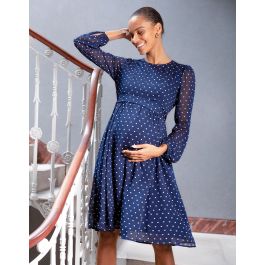 Taupe & White Spot Chiffon Maternity to Nursing Dress