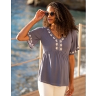 Blue Embroidered V-Neck Maternity & Nursing Top