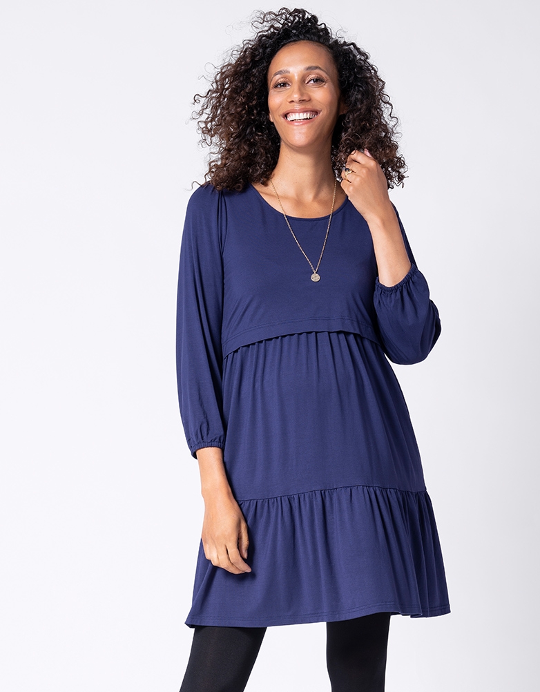 Navy Blue Tiered Maternity Nursing Dress Seraphine