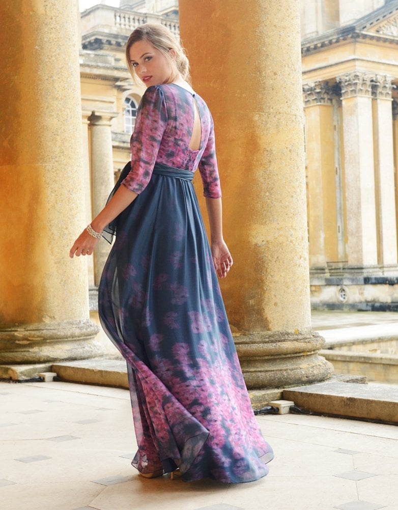 Navy Blue Pink Floral Silk Maternity Gown Seraphine