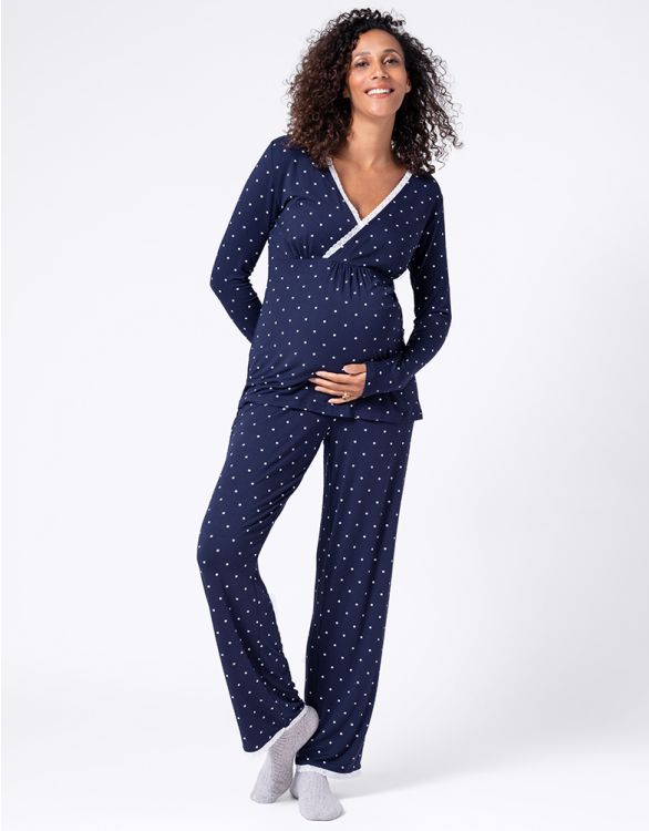 Navy Blue Polka Dot Maternity & Nursing Pajamas | Seraphine